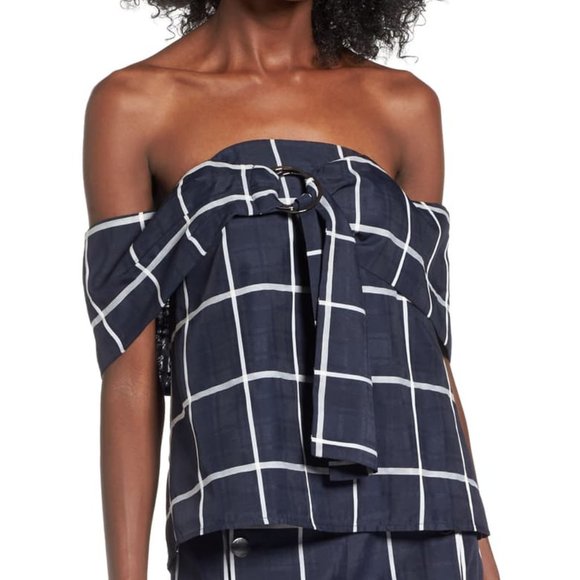 J.O.A Windowpane Plaid Off The Shoulder Top - Picture 1 of 8
